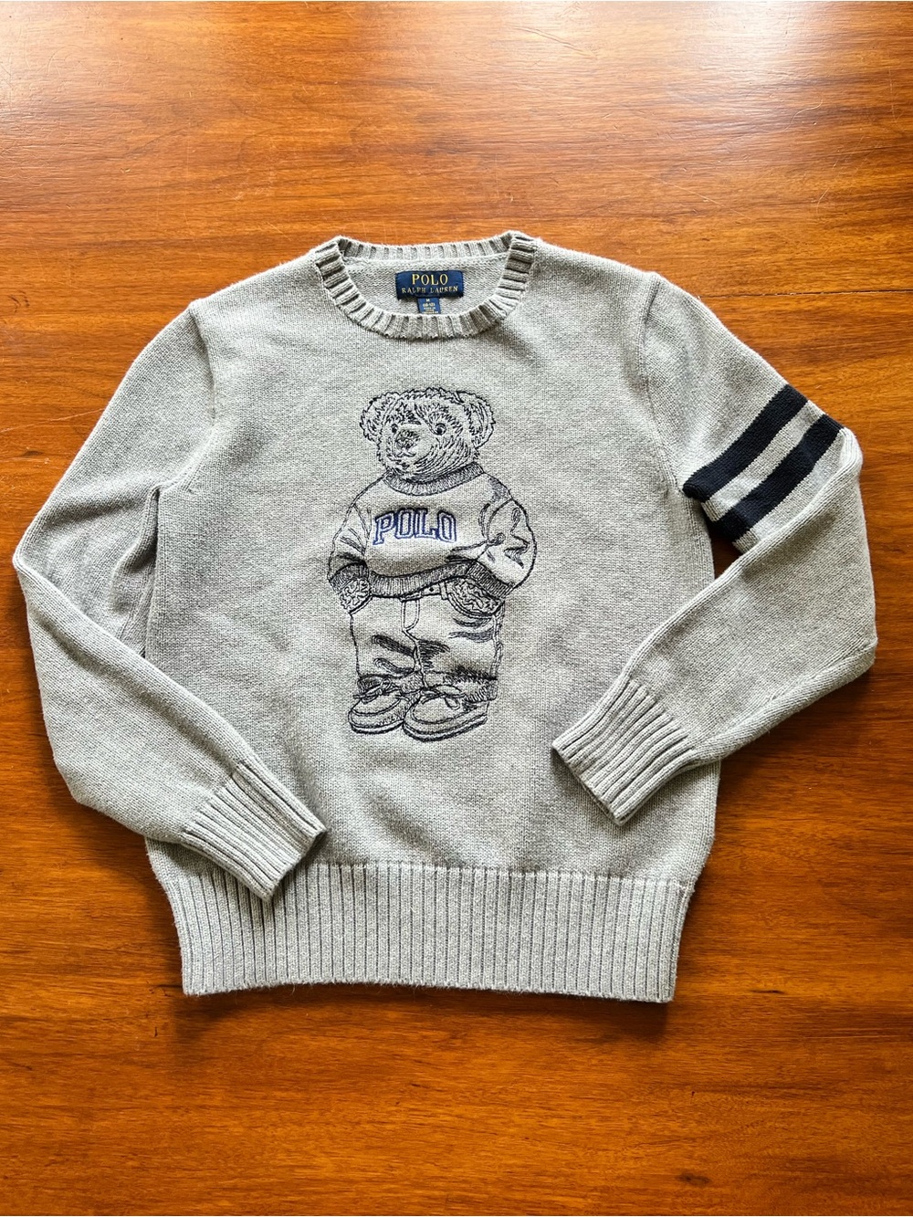 Polo by Ralph Lauren Light Gray Bear Crewneck Sweater with Navy Sleeve Stripes